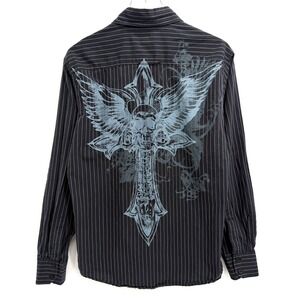 Y2K Pinstripe Winged Skull Cross Graphic Shirt Mens L Black Grunge Cyber Goth